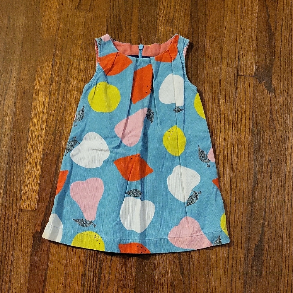 Mini Boden Blue Pinwale Corduroy Dress with Fruit Print